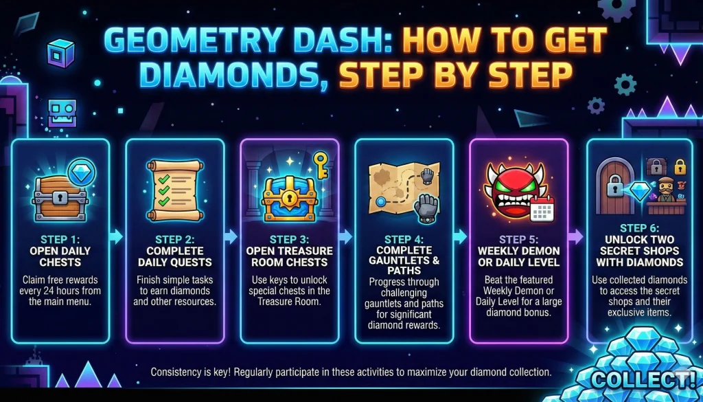 step by step visual guide about how to get diamonds in geometry dash